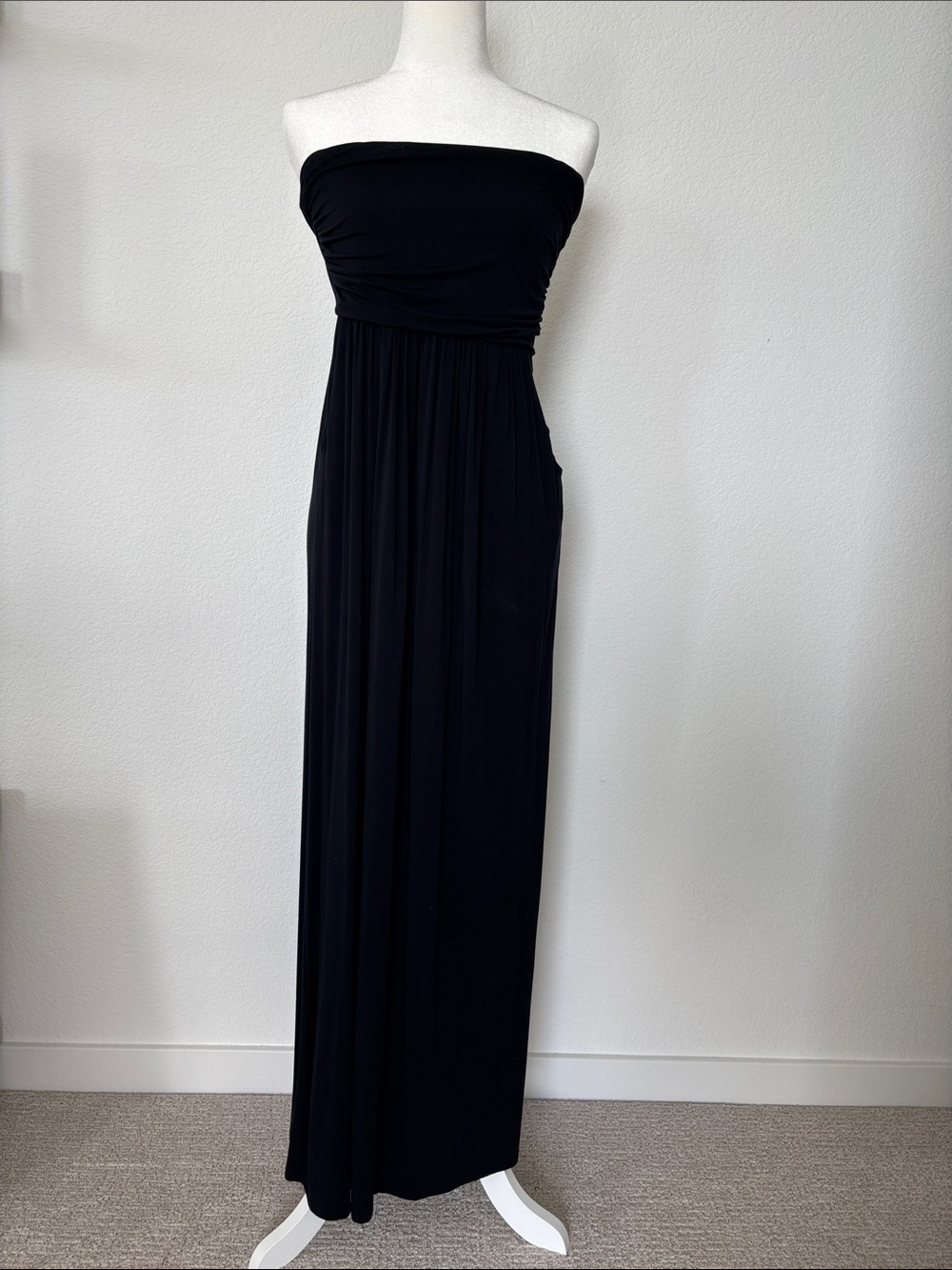 Vanilla Bay Black Strapless Maxi Dress with Ruched Bodice and Pockets